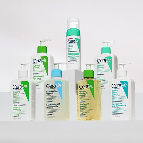 A group shot of all CeraVe cleanser products.